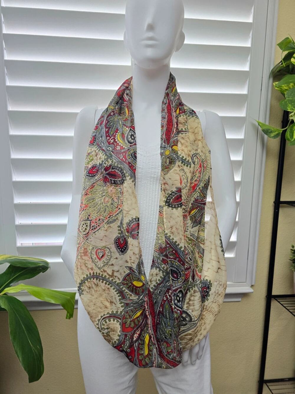 Cream Paisley Multicolor Floral Boho 90s Y2K Whimsy Infinity Scarf OSFM